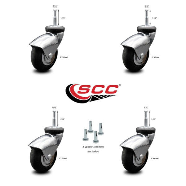 3 Inch Chrome Hooded Neoprene Rubber 5/16 Inch Grip Neck Stem Casters, 4PK